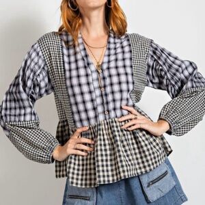 Easel The Reese Mixed Plaid Peplum Top V-neck Bubble Sleeves Large NWOT Navy